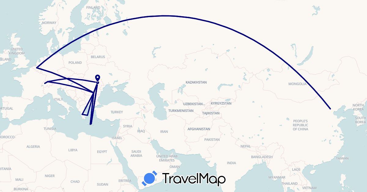 TravelMap itinerary: driving in Austria, Belgium, Switzerland, China, Greece, Romania (Asia, Europe)